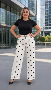 Pantalón Casual Blanco Estampado Polka Dots, Con Cinto