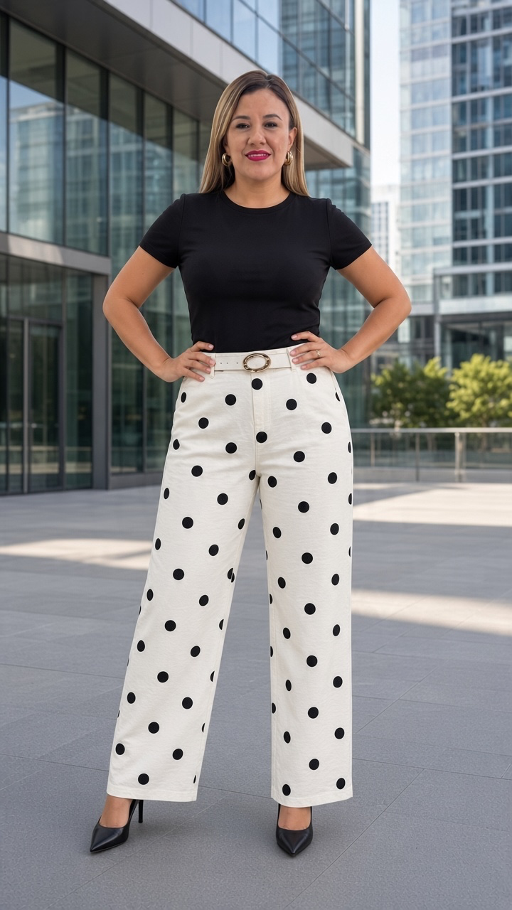 Pantalón Casual Blanco Estampado Polka Dots, Con Cinto