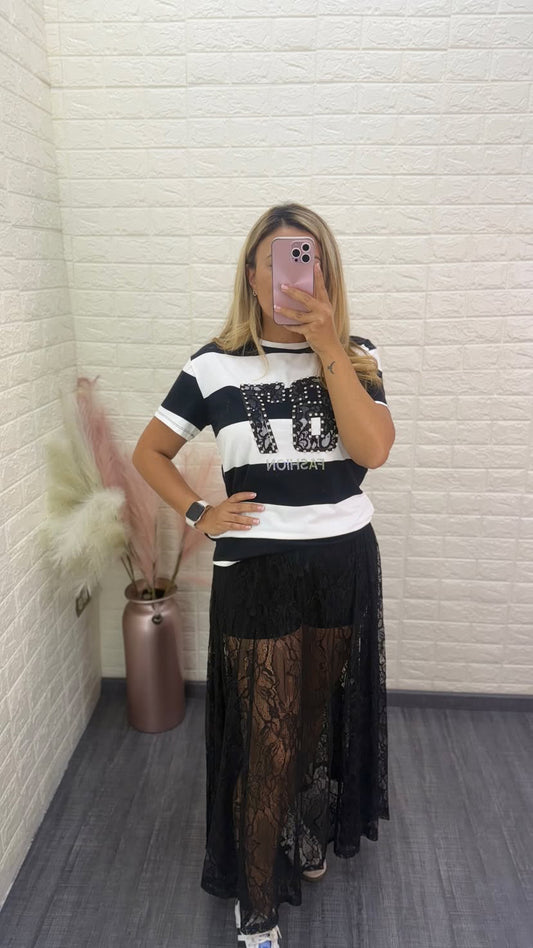 Blusa Estampada Rayas Blanco/Negro con Estampado #67