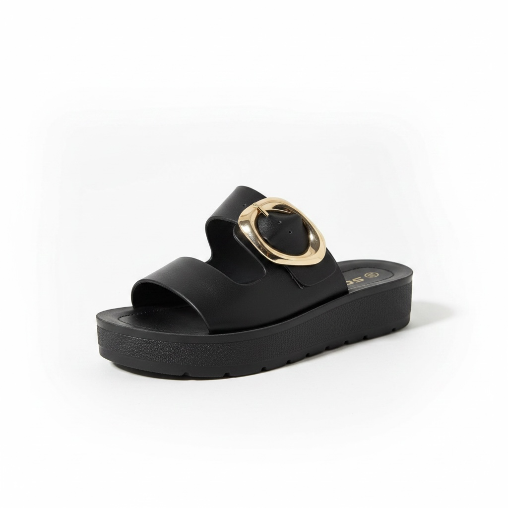 Chanclas Negras Con Hebilla Dorada