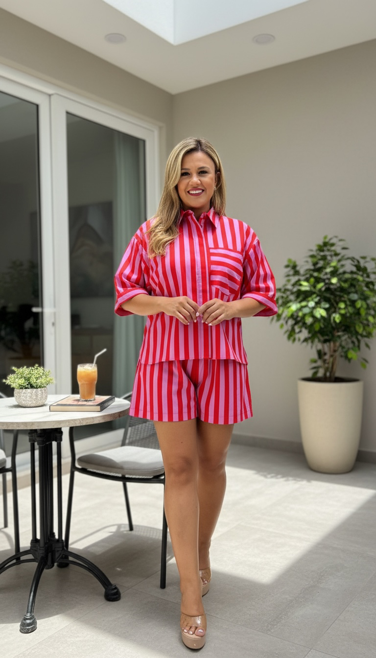 Conjunto de Blusa y Shorts Estampado a Rayas Rosa y Rojo