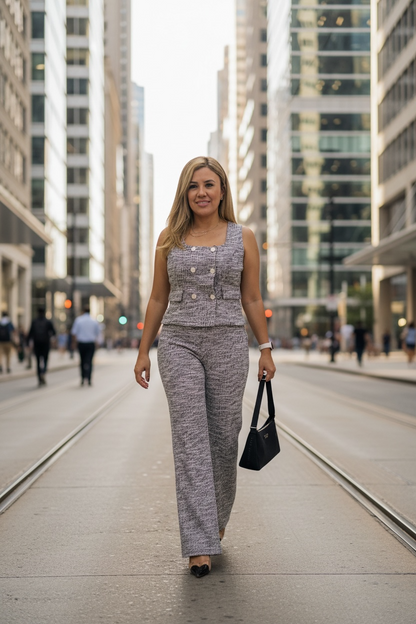 Conjunto Tejido Blanco Con Gris Chaleco y Pantalón