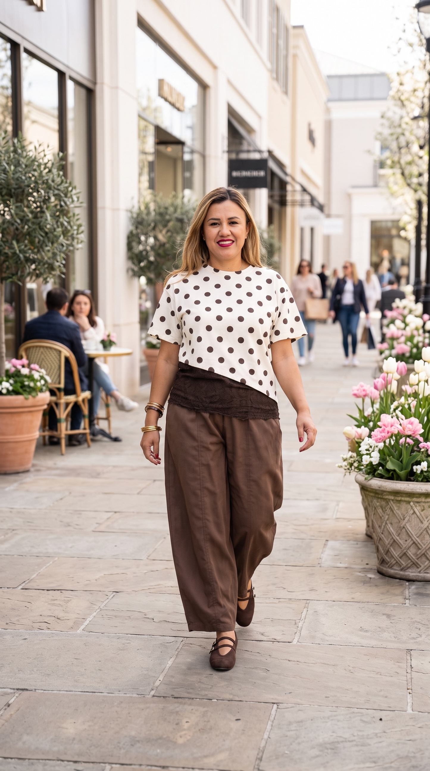 Blusa de Manga Corta Color Cream con Lunares Cafés y Aplicación Lencera