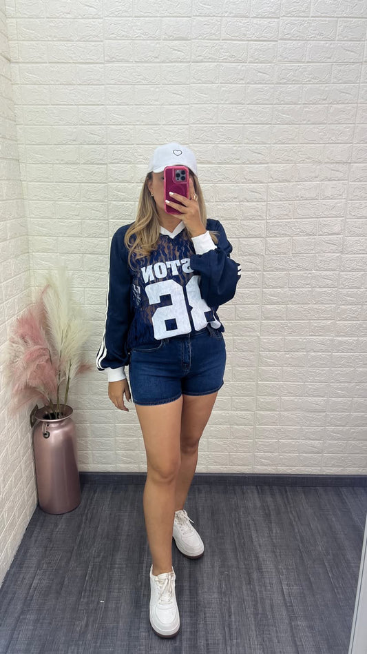 Blusa Azul de Encaje de Manga Larga Estampado Boston
