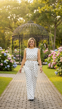 Conjunto Blanco Estampado Polka Dots en Negro de Blusa y Pantalón