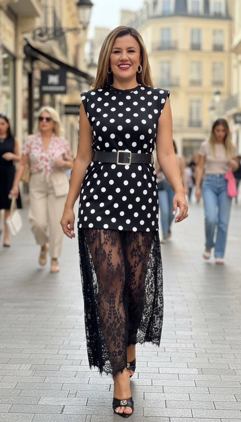 Vestido Negro Estampado Polka Dots con Cinto