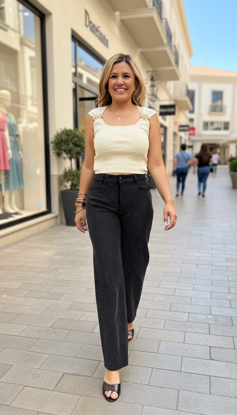 Pantalón Negro de Mezclilla con Aplicaciones de Brillos