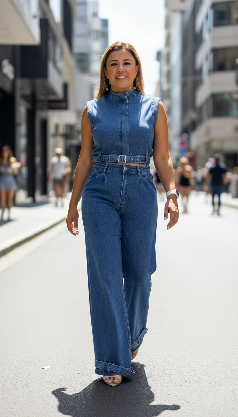 Conjunto de Mezclilla de Blusa Sin Mangas y Jeans con Presillas Decorativas