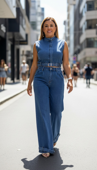 Conjunto de Mezclilla de Blusa Sin Mangas y Jeans con Presillas Decorativas