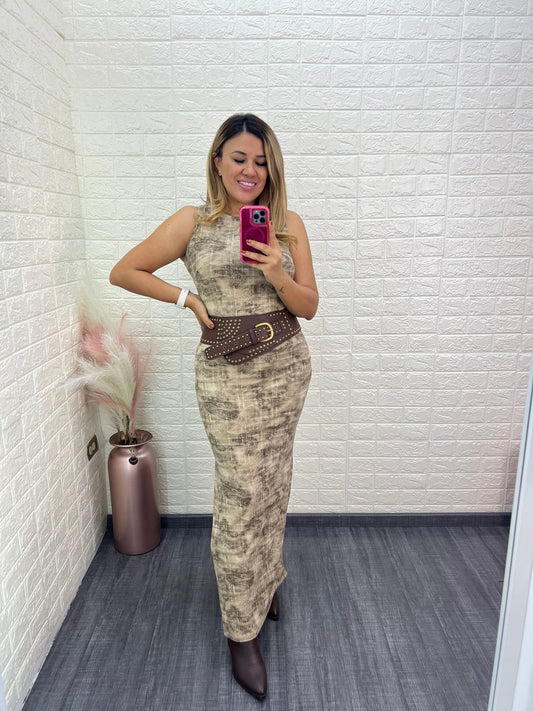 Vestido Largo Sin Mangas Estampado con Cinto