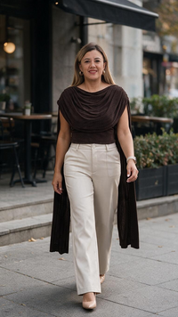 Panti Blusa Café de Manga Corta con Estolas