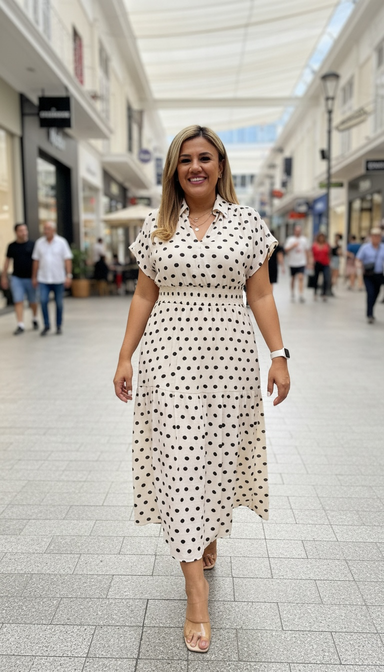 Vestido Beige de Cuello V, Estampado Polka Dots Café