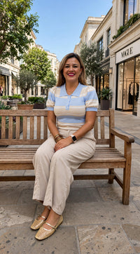 Blusa Azul/Beige Estampado a Rayas Cuello Tipo Polo