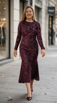 Vestido Guindo Satinado en Tela de Velvet Estampado Floral