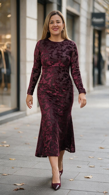 Vestido Guindo Satinado en Tela de Velvet Estampado Floral