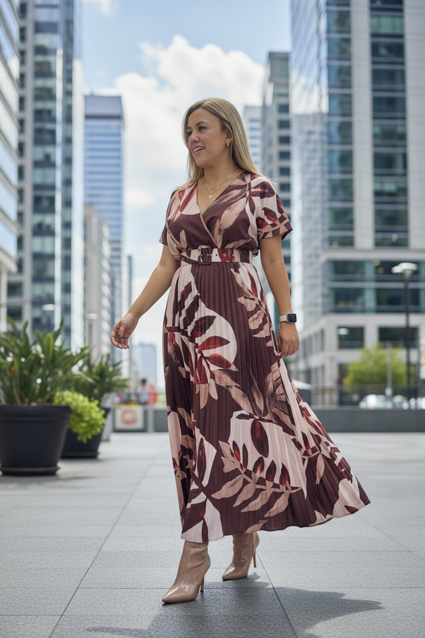 Vestido Estampado Cuello V de Manga Corta con Cinto