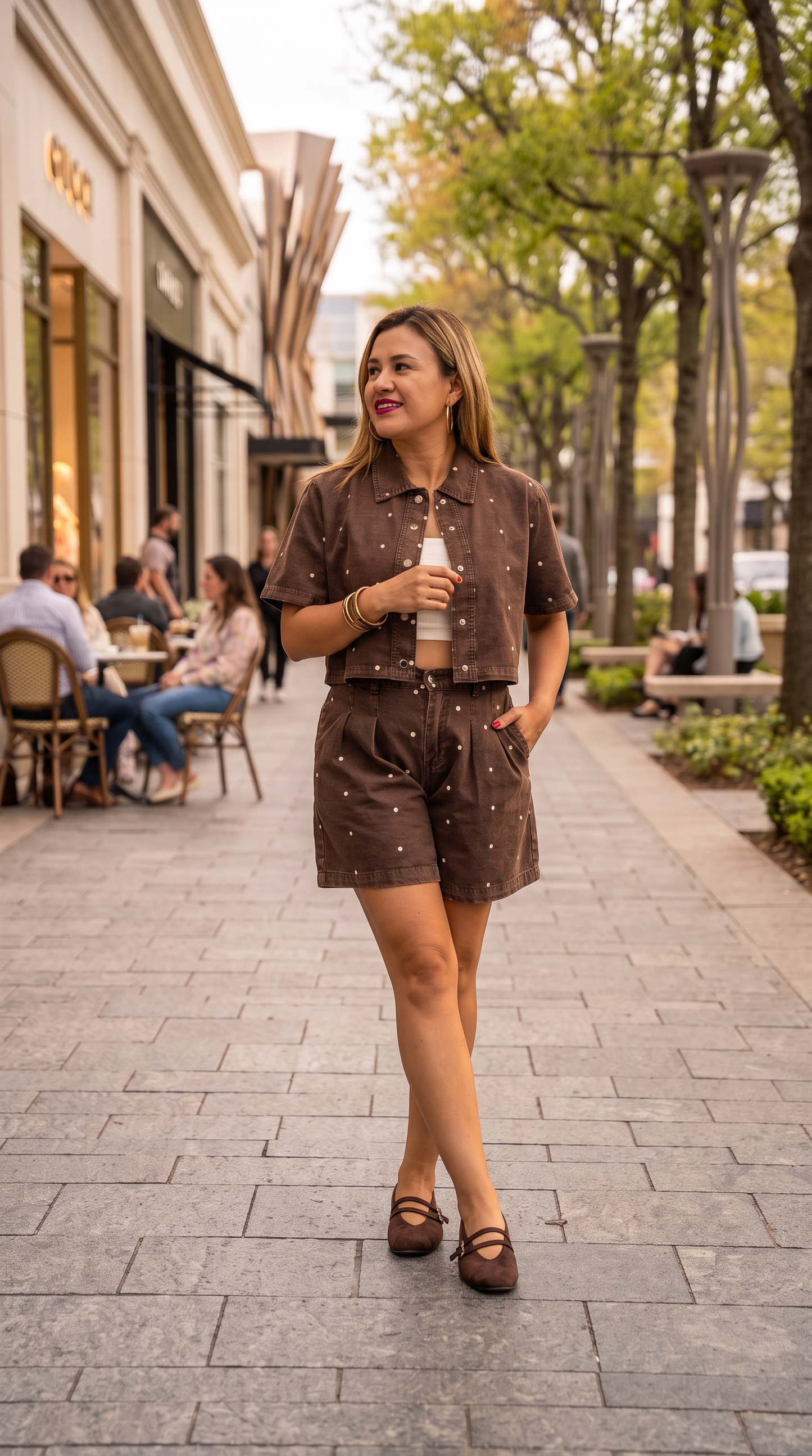 Conjunto Café de Mezclilla Short y Blusa Estampado Polka Dots en Blanco
