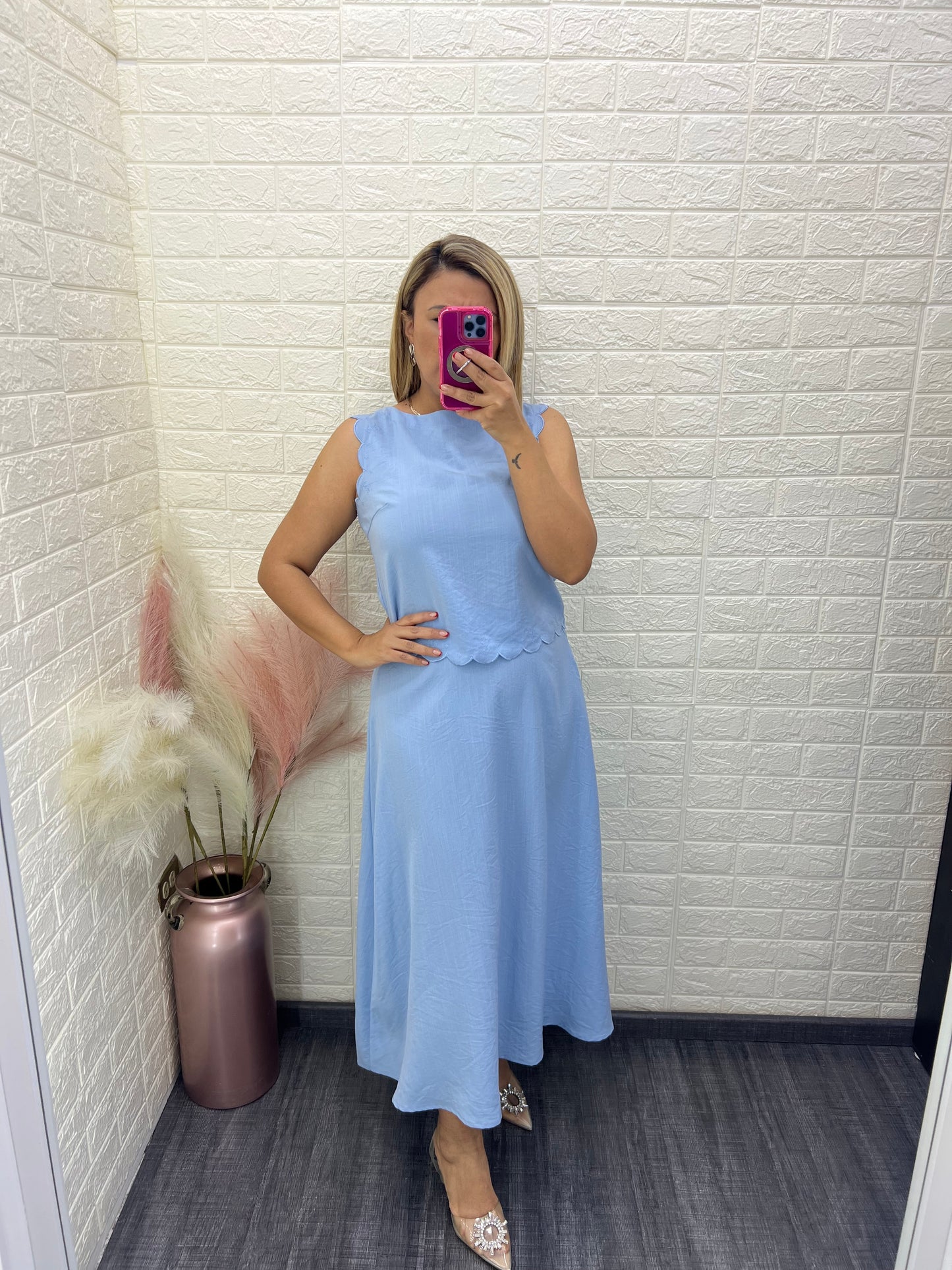 Conjunto Color Sky Blue de Blusa de Resaque y Pantalón Casual