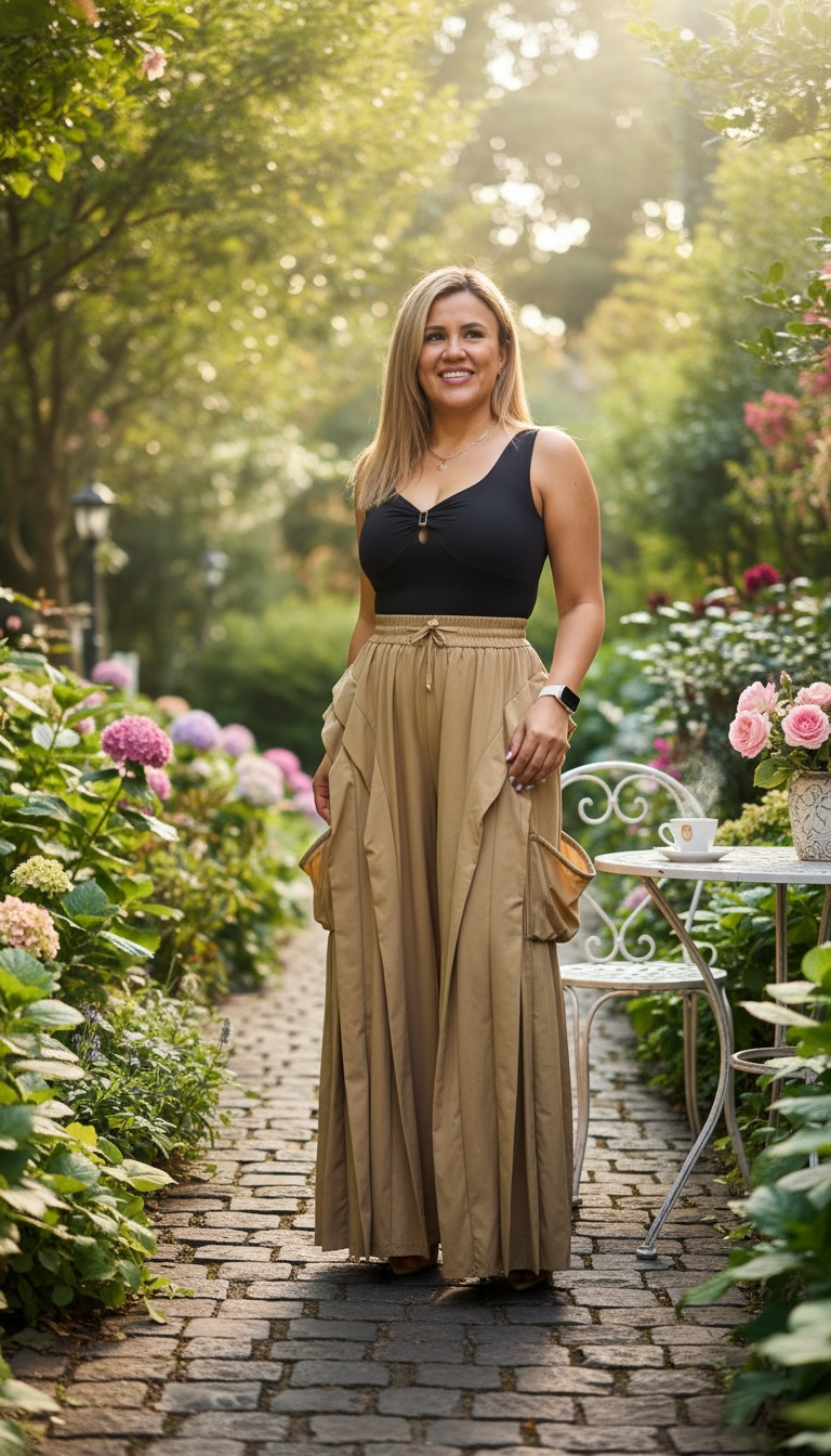 Pantalon Khaki con Olanes y Bolsas Tipo Cargo