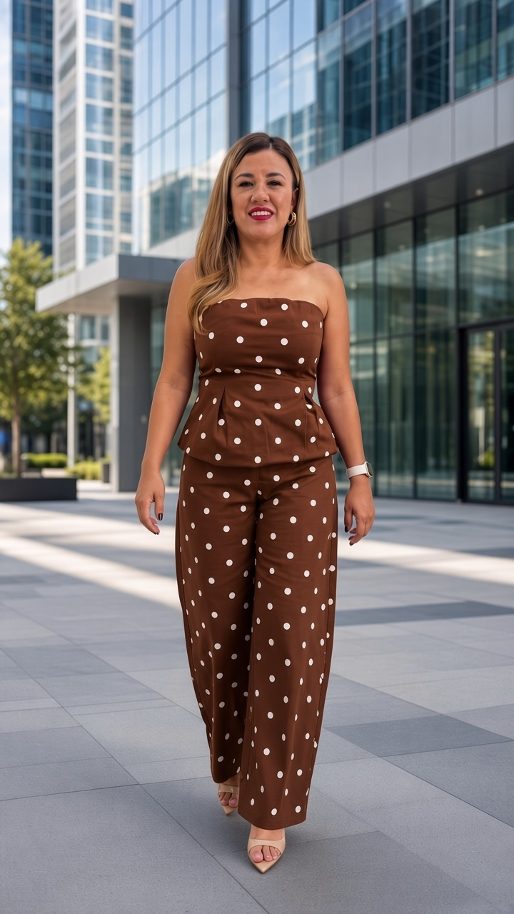 Conjunto Café Polka Dots de Blusa Straple y Maxi Pantalón