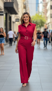 Palazo Rojo Sin Mangas con Botones Dorados y Cinto
