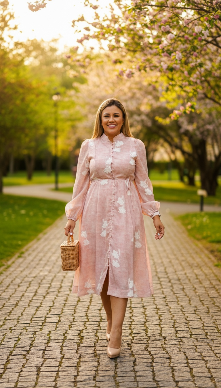 Vestido Rosa de Gasa con Forro y Flores Bordadas en Color Blanco
