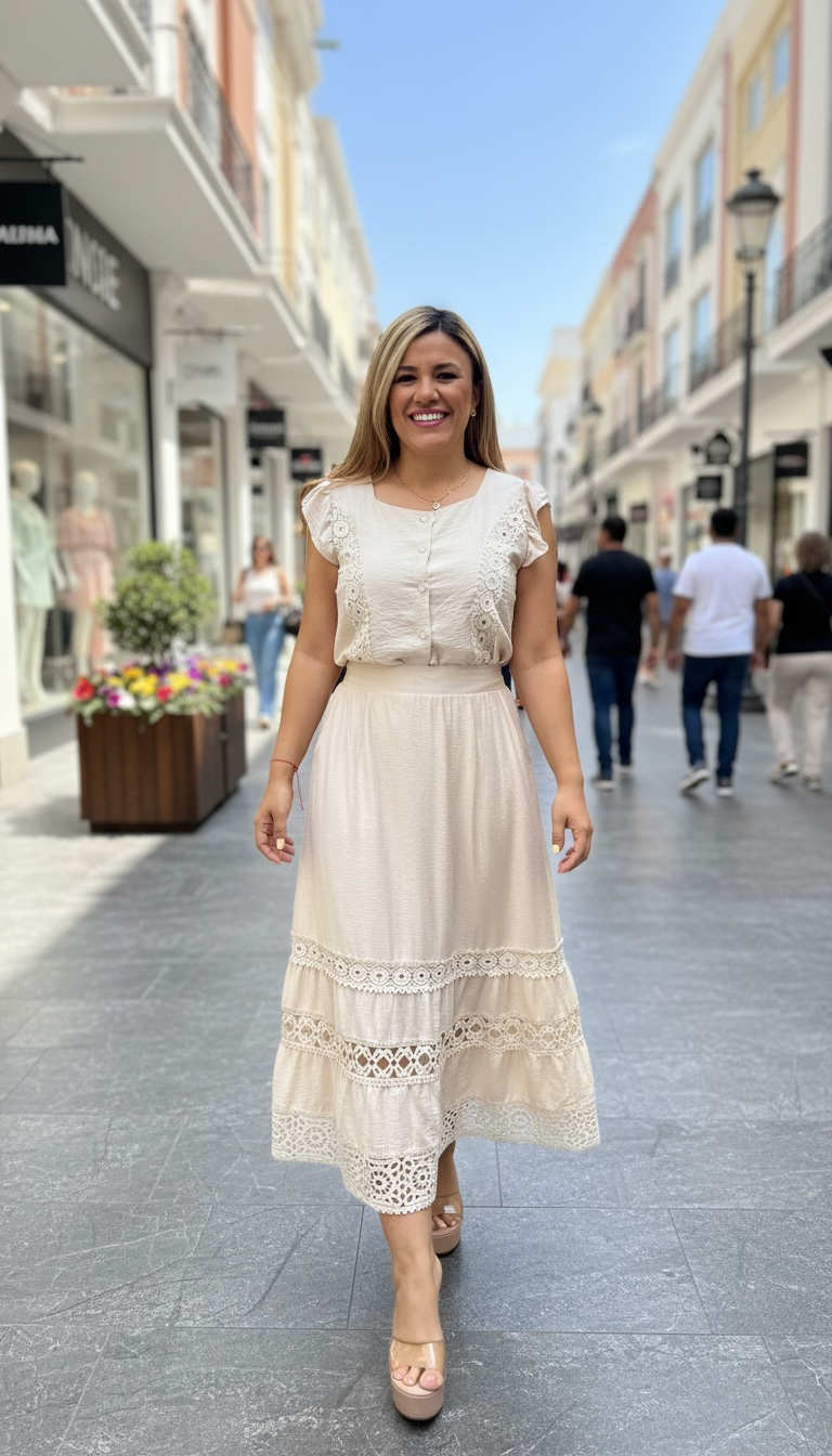Conjunto Beige con Bordados de Blusa y Falda en Color Beige