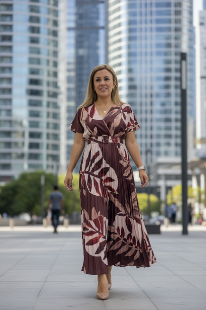 Vestido Estampado Cuello V de Manga Corta con Cinto