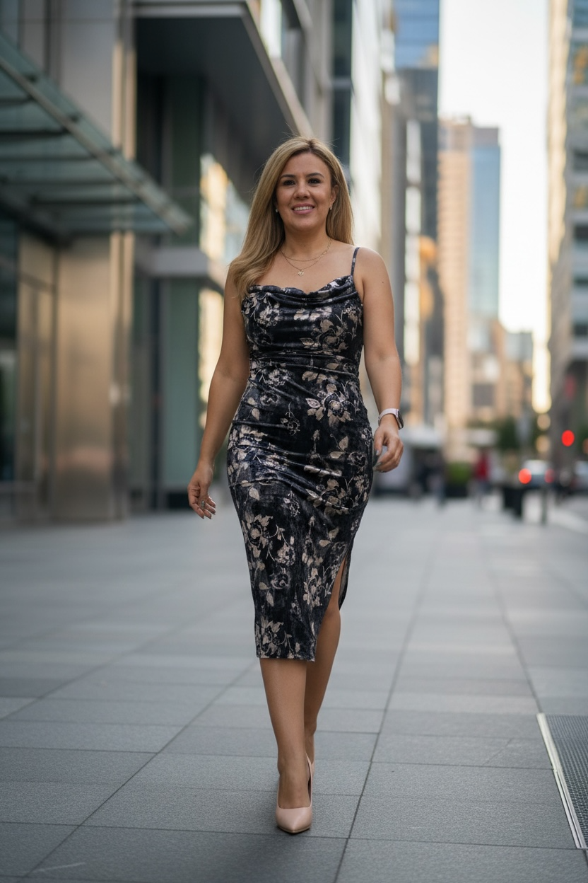 Vestido Negro Satinado Aterciopelado de Tirantes Estampado Floral