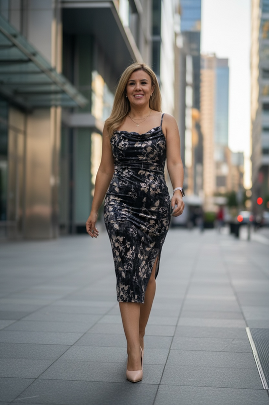 Vestido Negro Satinado Aterciopelado de Tirantes Estampado Floral