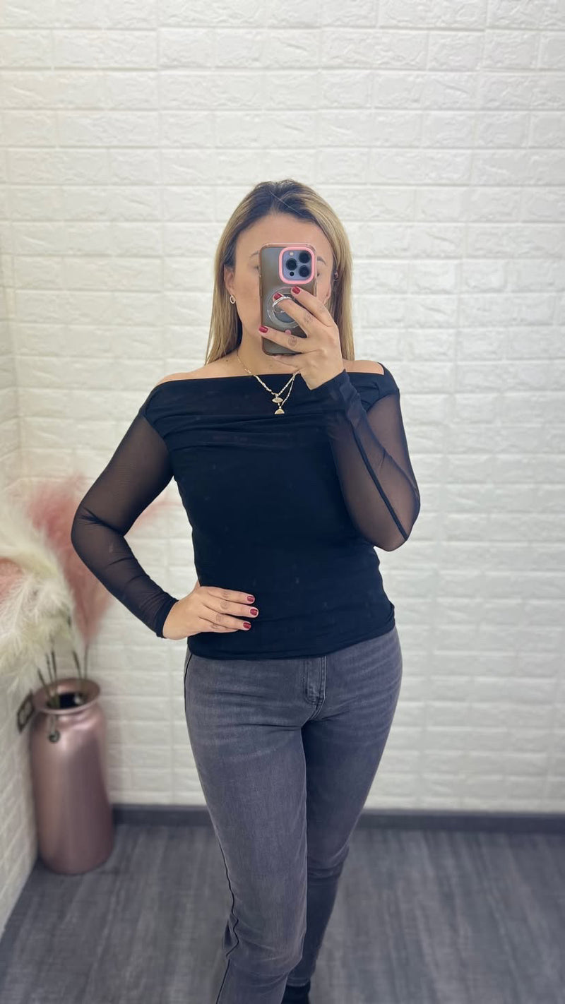 Blusa de Mesh Manga Larga Color Negro