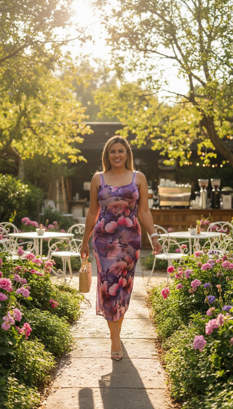 Vestido Lila con Rosa En Tela de Mesh Estampado de Flores