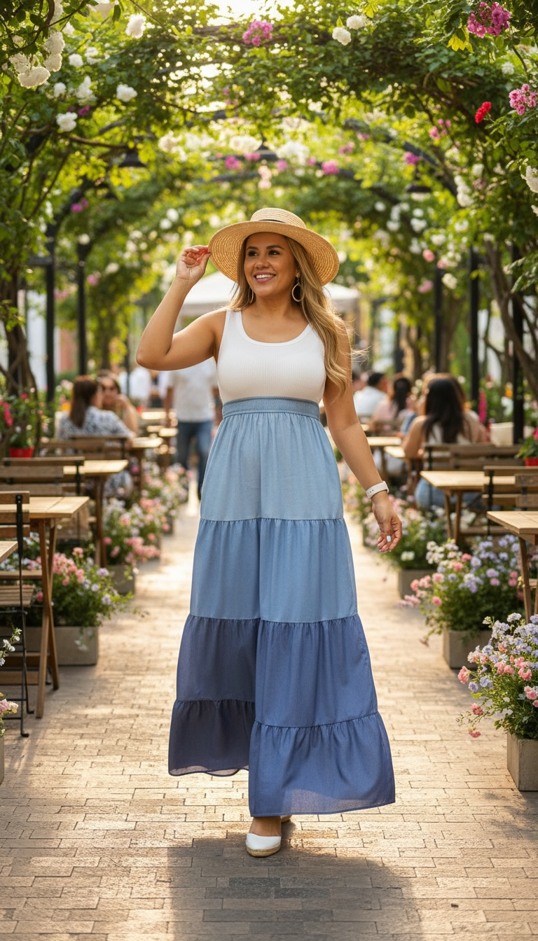 Vestido Largo Con Top Blanco y Franjas en Tonos de Azul