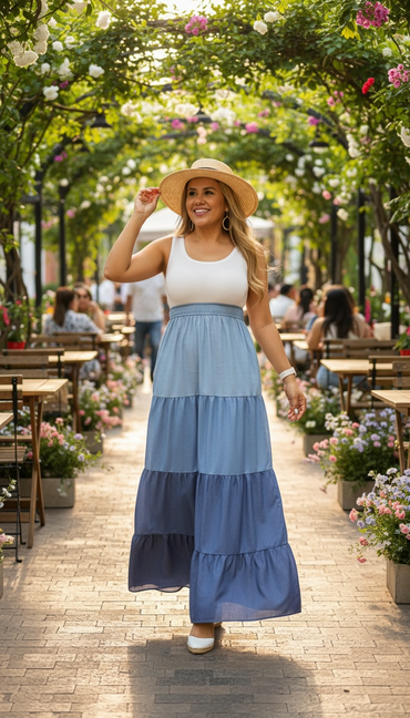 Vestido Largo Con Top Blanco y Franjas en Tonos de Azul