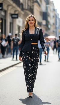 Conjunto Negro de Saquito con Extensión y Pantalón con Perforaciones y Arillos Metálicos