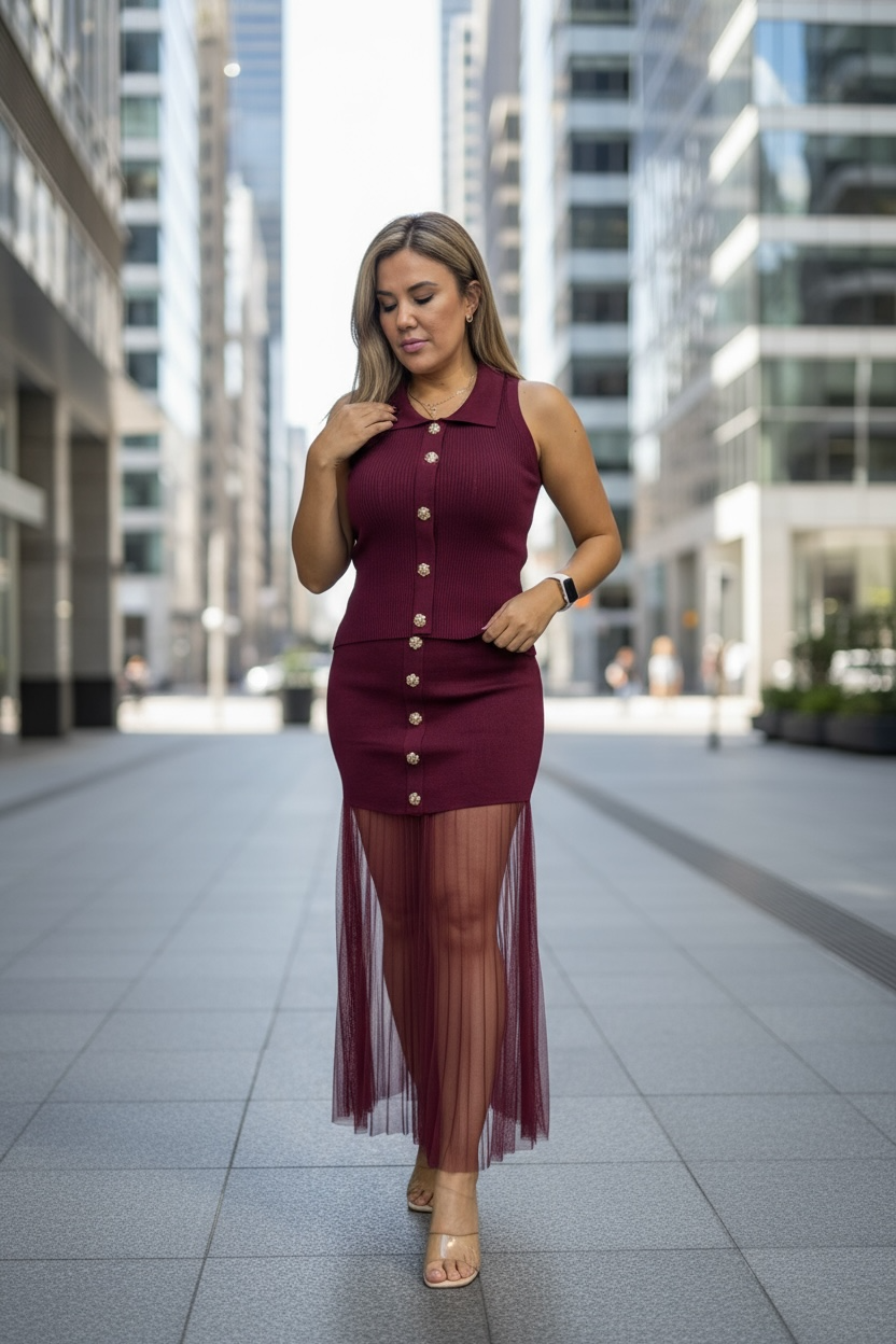 Conjunto Guindo con Botones Dorados de Chaleco y Falda con Encaje