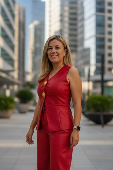 Conjunto de Pantalón y Chaleco Rojo de Vinipiel con Botones Dorados