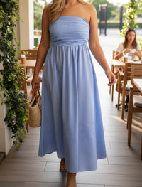 Vestido Straple Azul Estampado Rayas Blancas