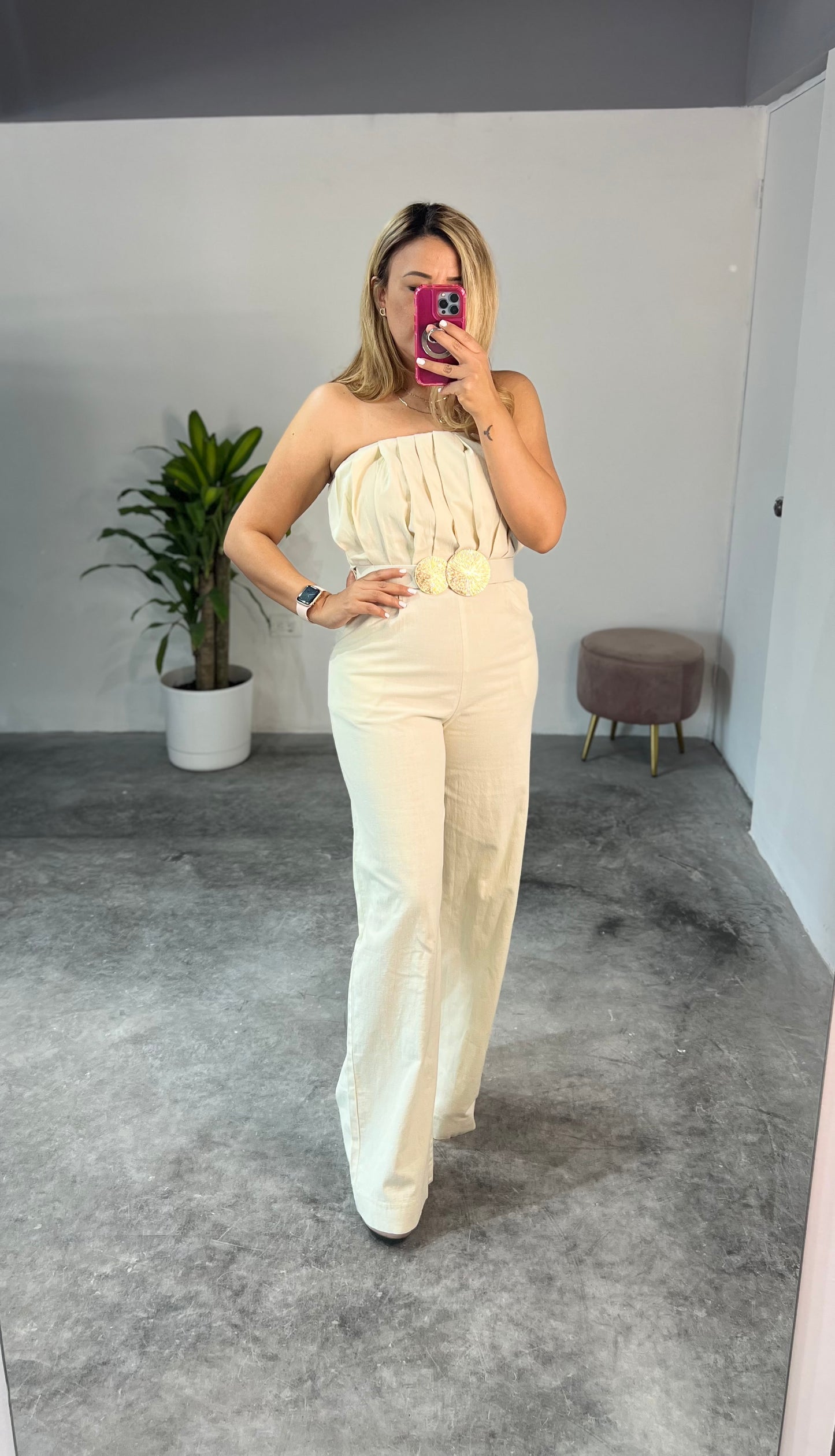 Jumpsuit Straple Casual Color Ivory con Cinto