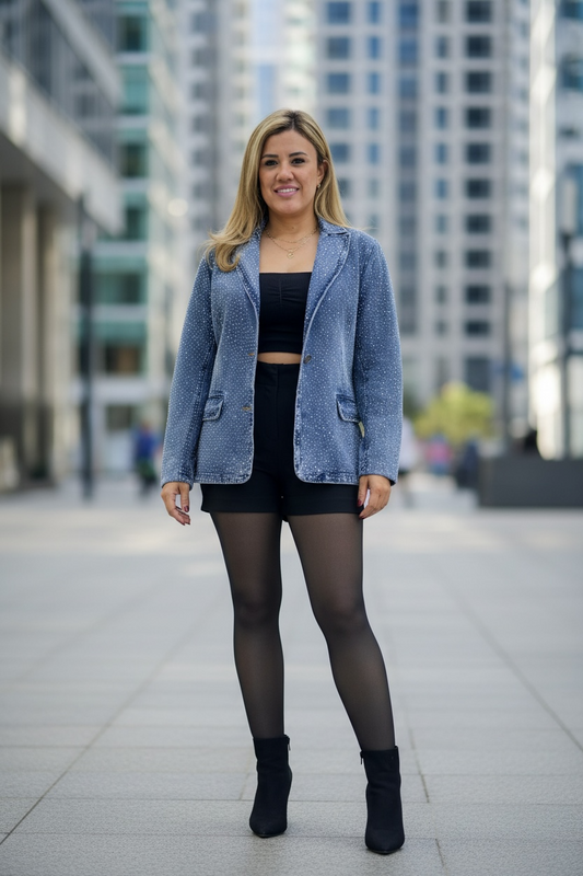 Blazer de Mezclilla con Aplicaciones de Brillos