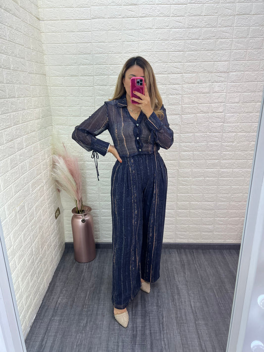 Conjunto de Blusa y Pantalón Azul Mezclilla Estampado