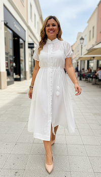 Vestido Blanco de Manga Corta, de Botones con Cintillo Delgado