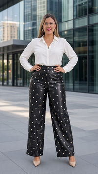 Pantalón Negro de Vinipiel Estampado Polka Dots