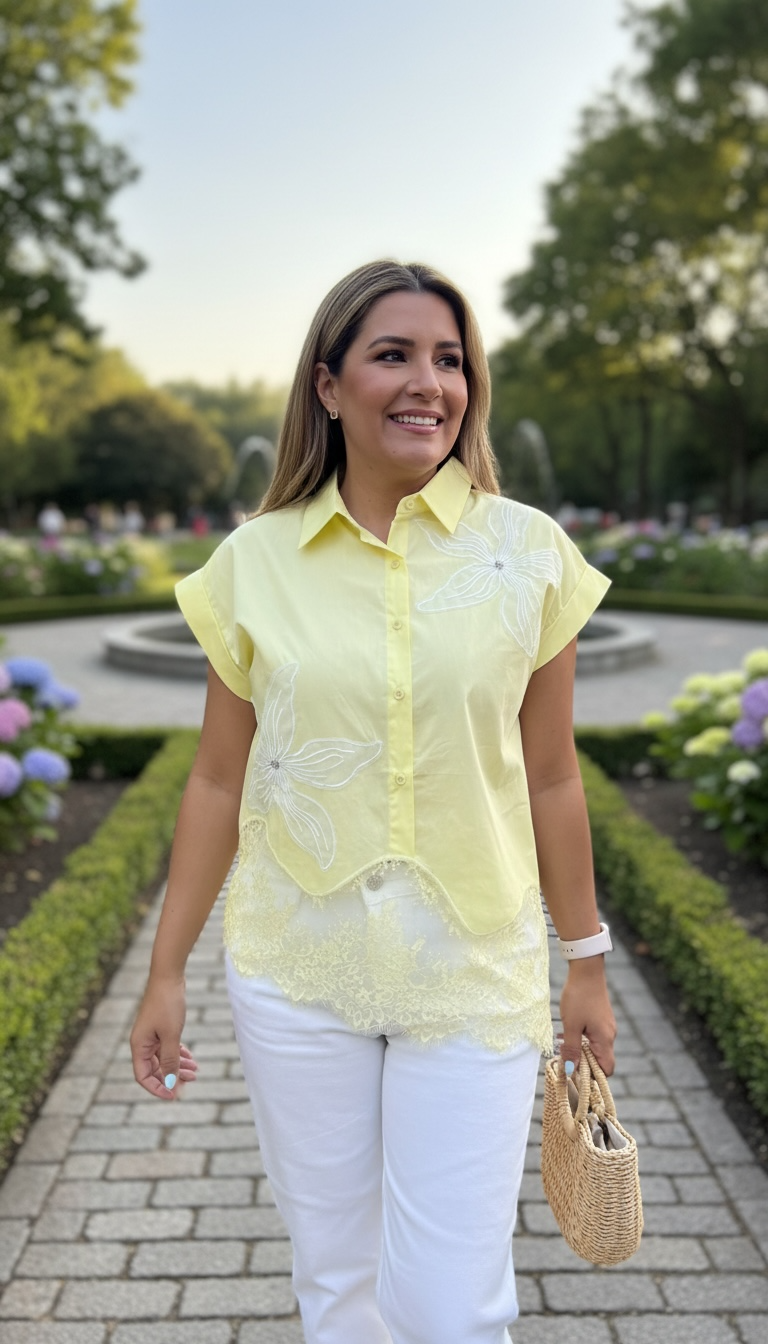 Blusa Amarilla  con Flor Bordada y Aplicaciones de Encaje