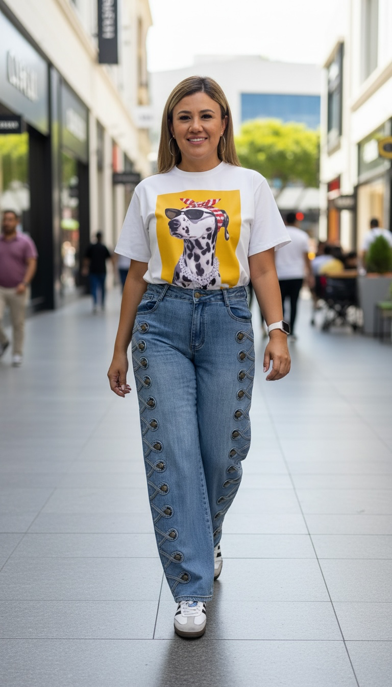 Jeans de Mezcliia Azul con Aplicaciones y Botones Tipo Napoléon