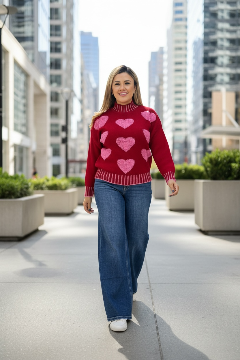 Suéter Rojo con Corazones Rosas Tejidos