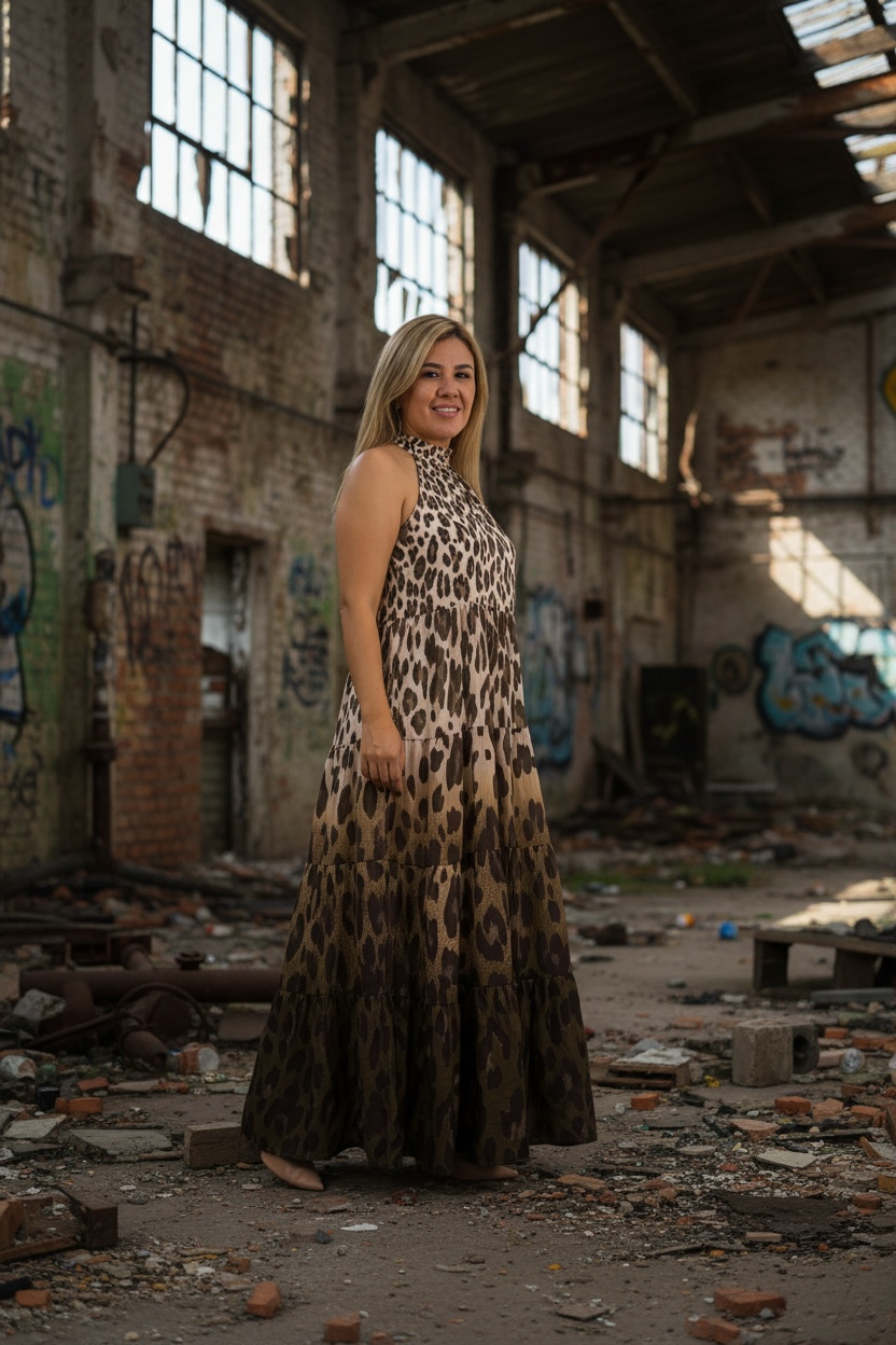 Vestido Cuello Halter Estampado Animal Print