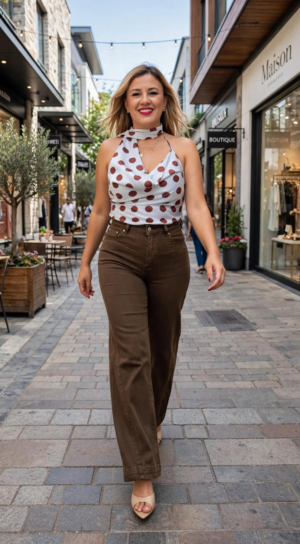 Blusa Skye Blue de Tirantes con Polka Dots en Café