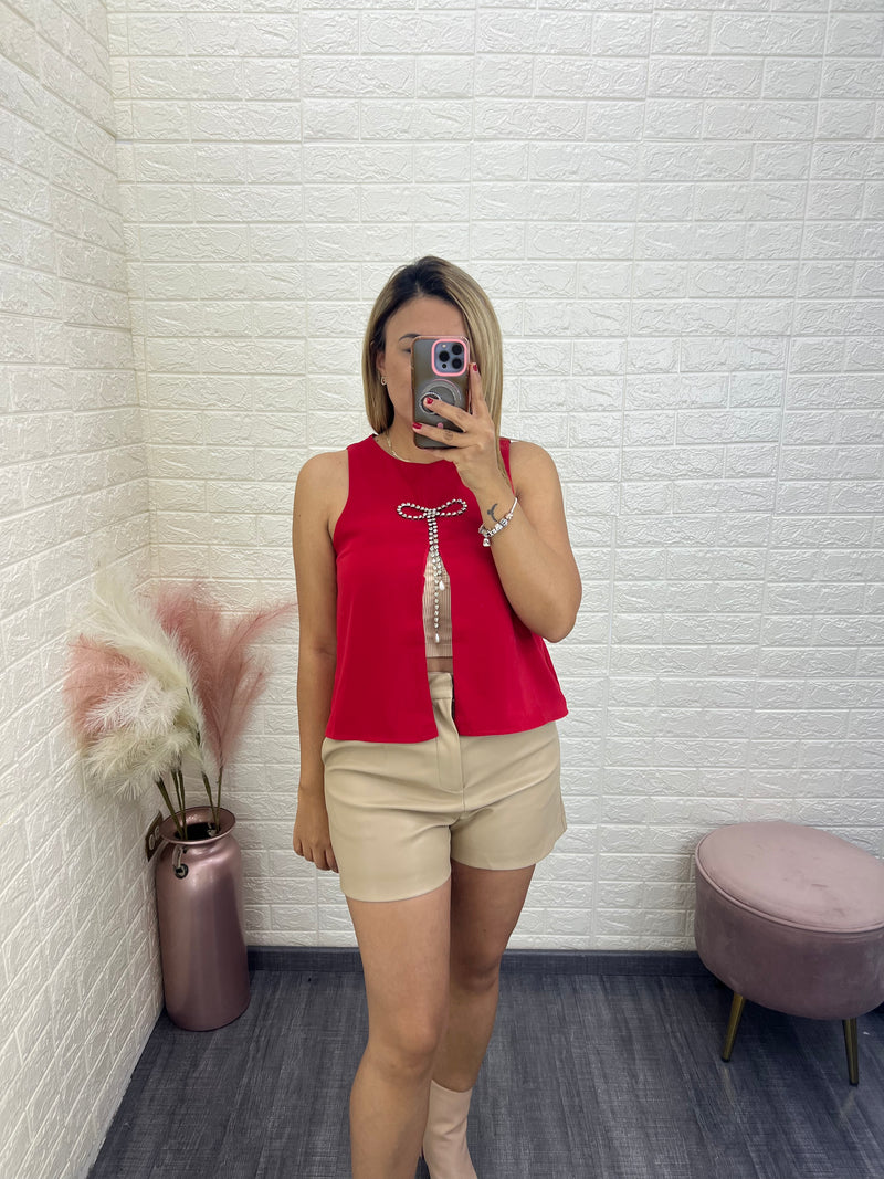 Blusa Roja sin Mangas con Aplicación de Moño de Brillos