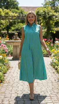 Vestido Tipo Bata Estampado a Rayas Azul y Verdes